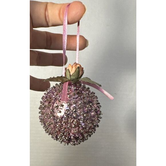 2” Vintage Pink Sequin Christmas Ball With Rose Embellishment - Picture 1 of 6
